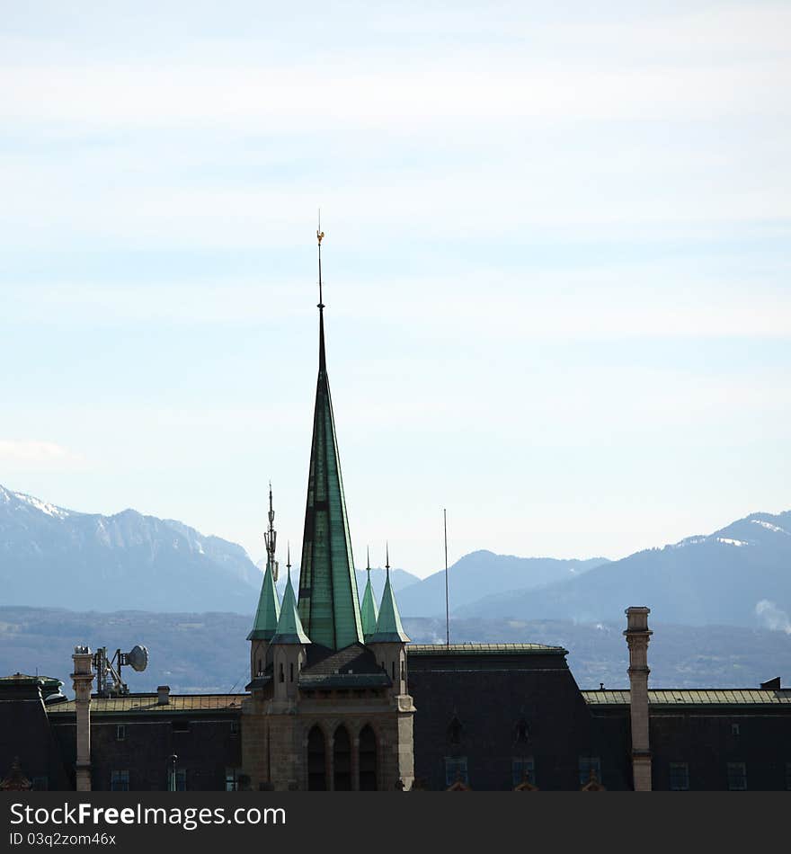 Swiss castle roof in mountains