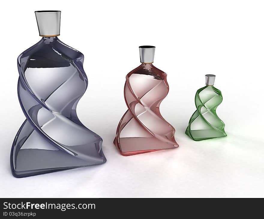 Three twisted glass bottle glass on a white background №1. Three twisted glass bottle glass on a white background №1