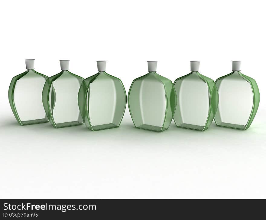 Six glass bottles of green glass on a white background №1. Six glass bottles of green glass on a white background №1