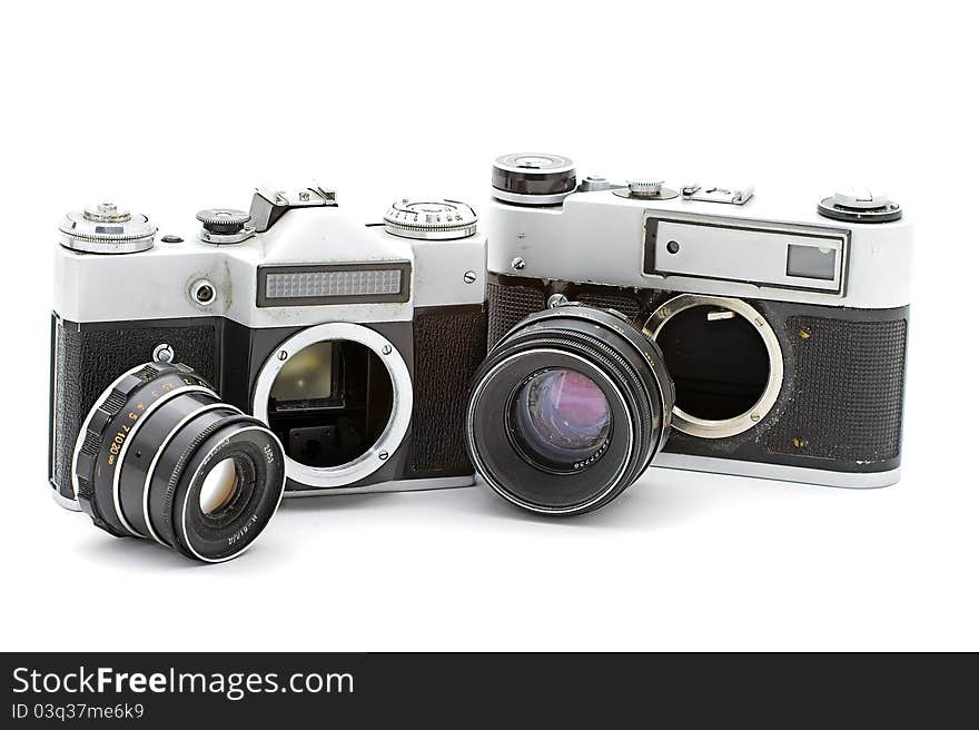 Russian old cameras on white background.