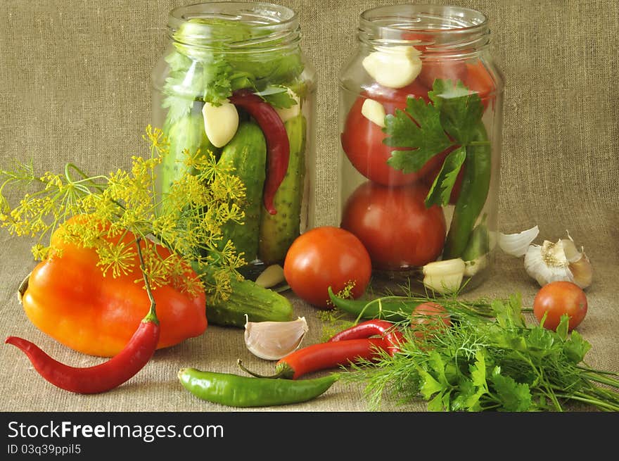 Vegetables in glass jars for preservation