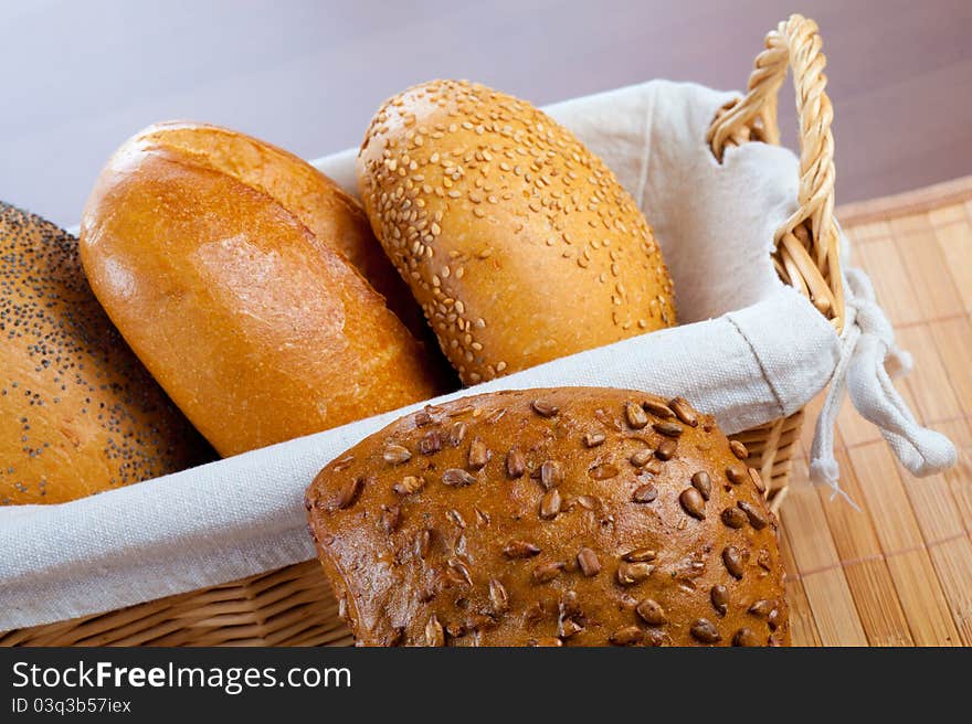 Assortment of small breads in basket closeup