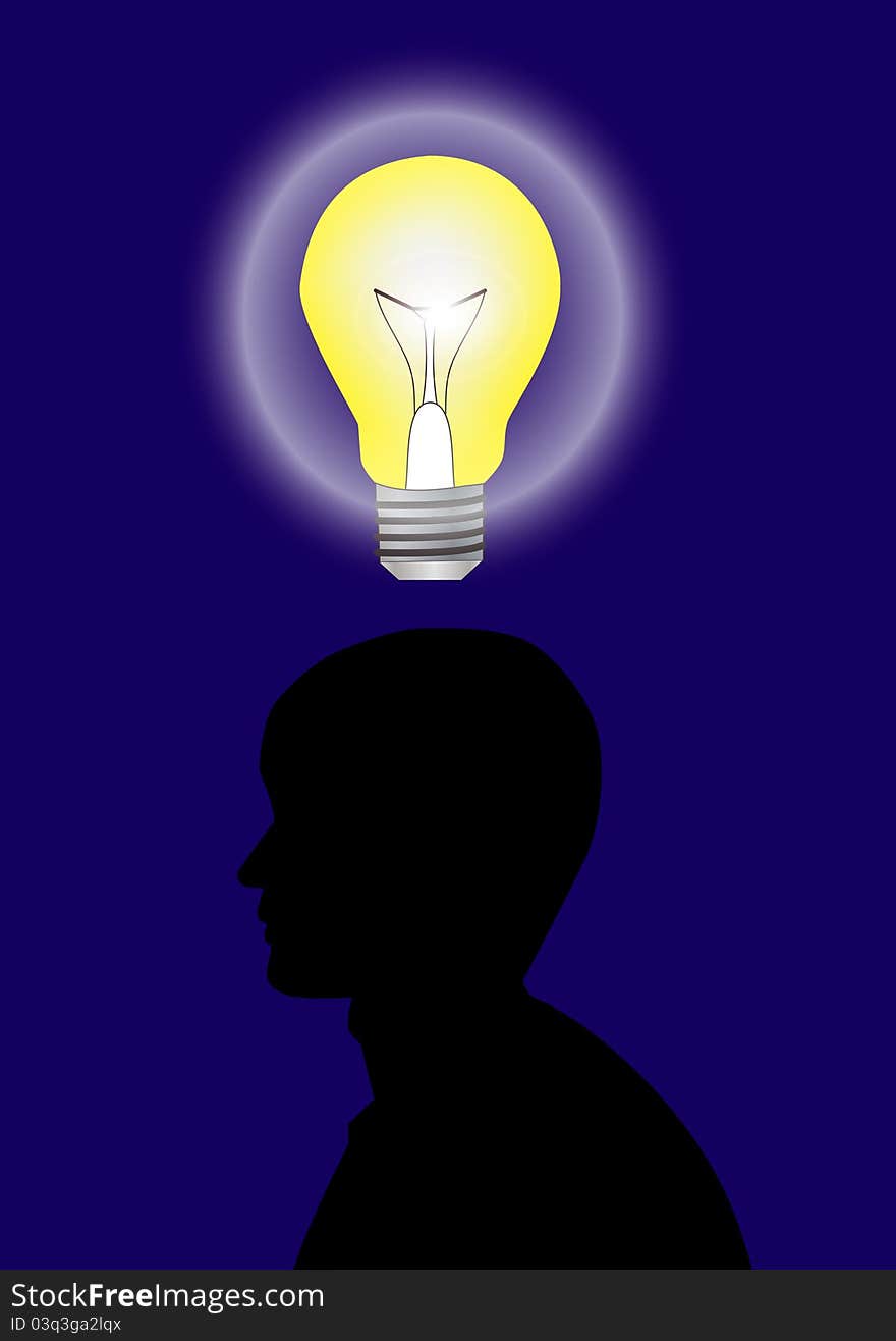 Silhouette of man with a bulb above. Silhouette of man with a bulb above