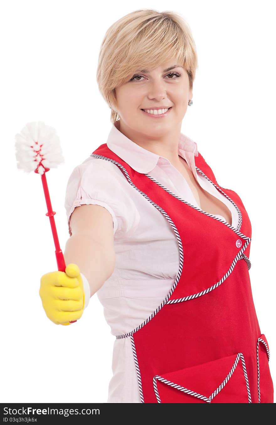 Happy young housewife with toilet brush - isolated on white background