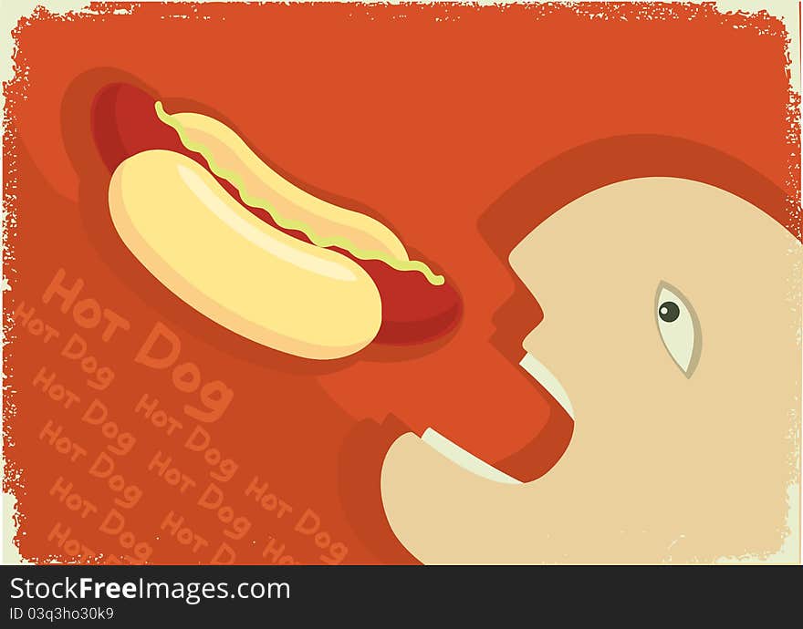 Vector hungry man eating big hot dog. Vector grunge poster. Vector hungry man eating big hot dog. Vector grunge poster