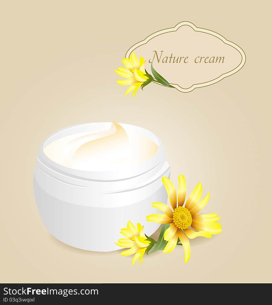 Skin cream with yellow flower. Vector illustration.