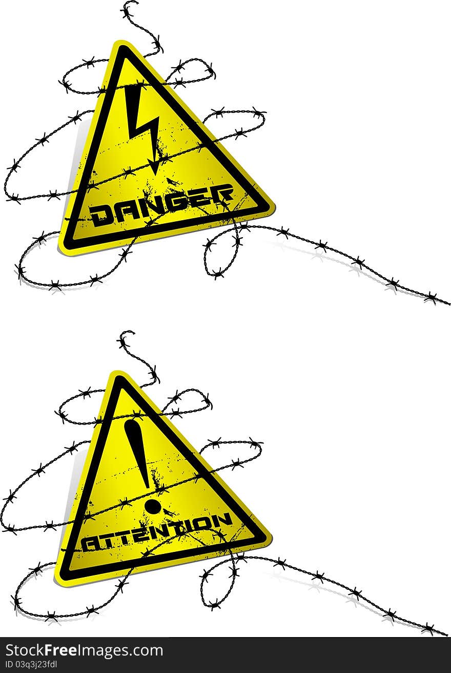 Warning sign with barbed wire. Vector.