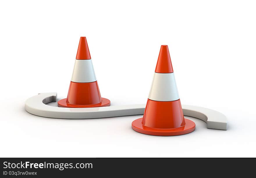 Traffic cones and arrow on white background