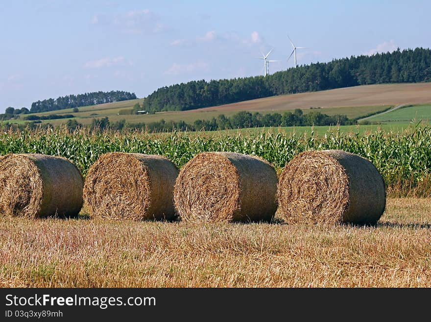 Bale of straw with wind turbine and forest in the background