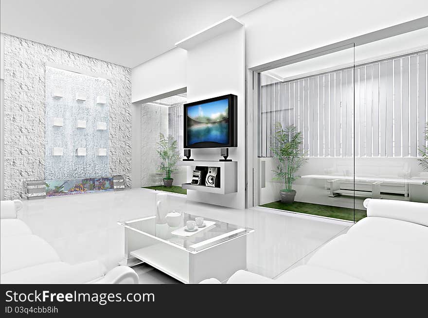 Conceptual 3D visualization for a living room. The concept is totally white and glass and steel. Conceptual 3D visualization for a living room. The concept is totally white and glass and steel.