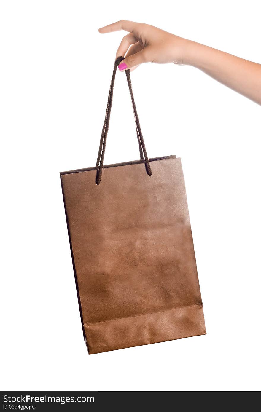 A woman's hand holding a brown paper shopping bag