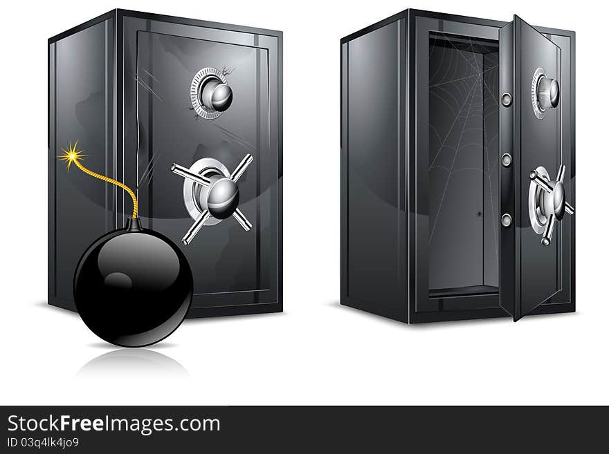 Black metal bank safes and bomb on white, vector illustration. Black metal bank safes and bomb on white, vector illustration