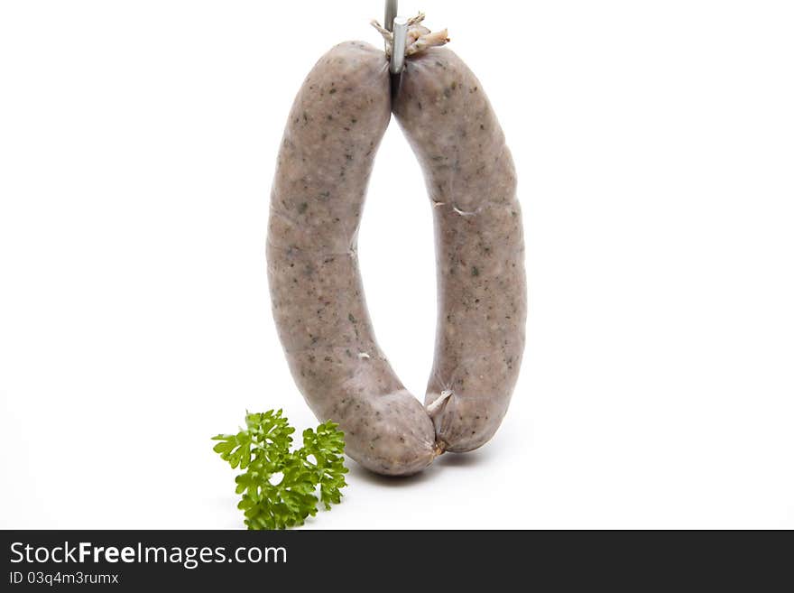 Raw fried sausage on white background. Raw fried sausage on white background