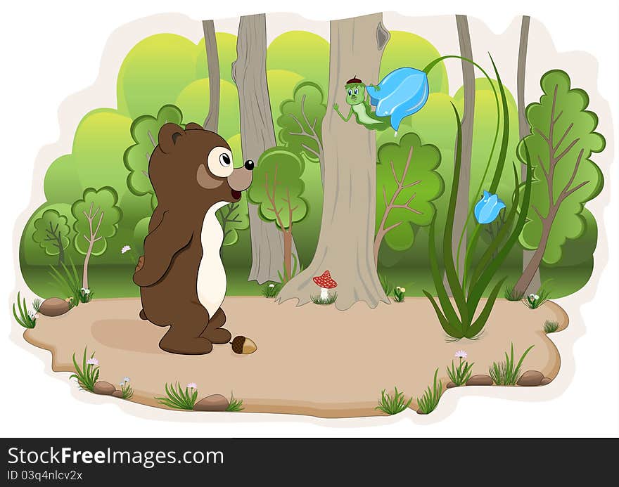 Bear cub and a caterpillar which talk on a wood glade. Bear cub and a caterpillar which talk on a wood glade