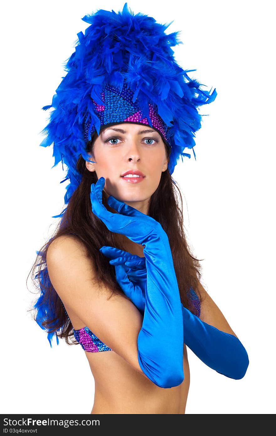 Girl in a hat with feathers on a white background