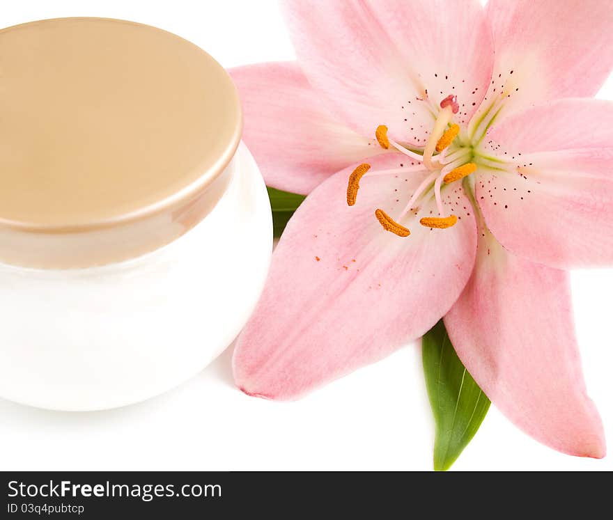 Pink lily and the cream on a white background. Pink lily and the cream on a white background