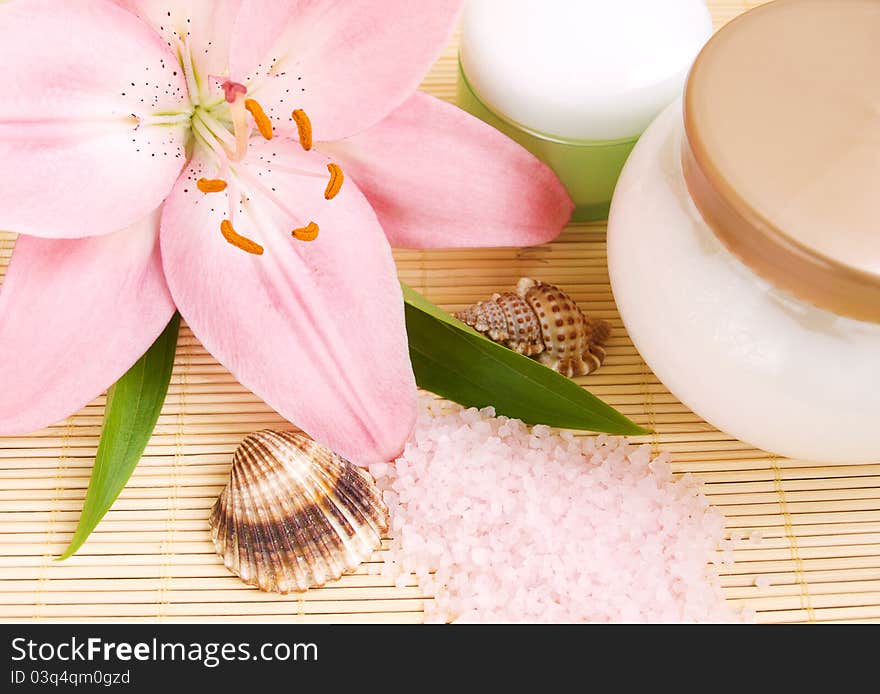 Pink lily, herbal sea salt, cream and seashells. Pink lily, herbal sea salt, cream and seashells