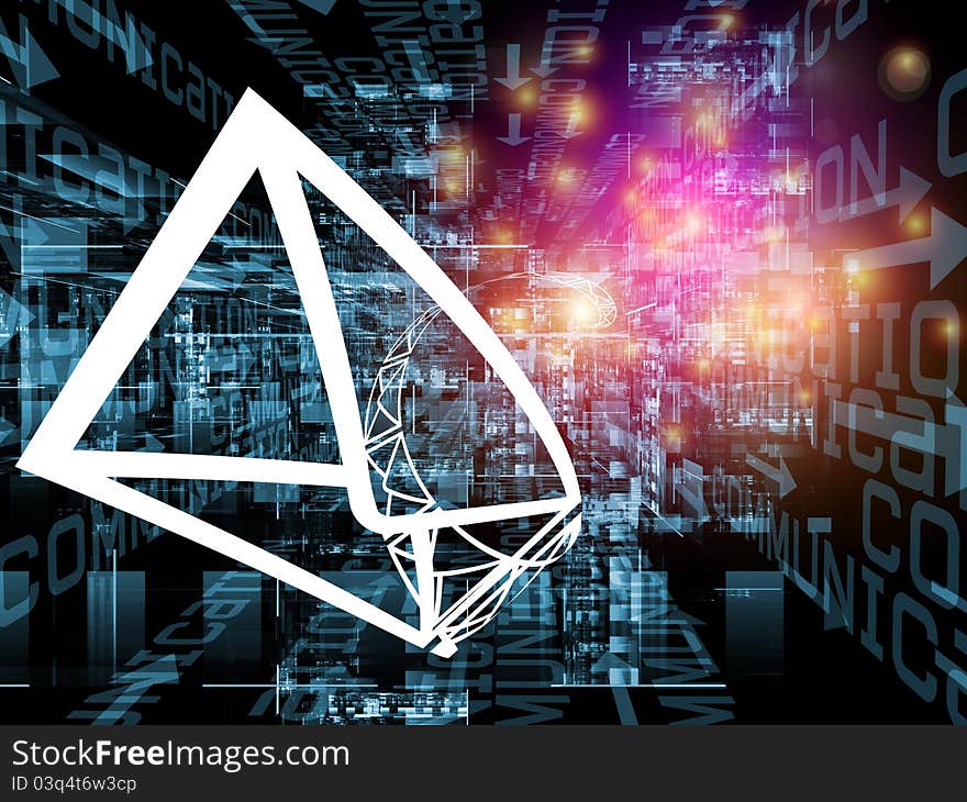 Interplay of mail symbols, technological background and lights on the subject of modern communications, email, messaging and information technologies. Interplay of mail symbols, technological background and lights on the subject of modern communications, email, messaging and information technologies