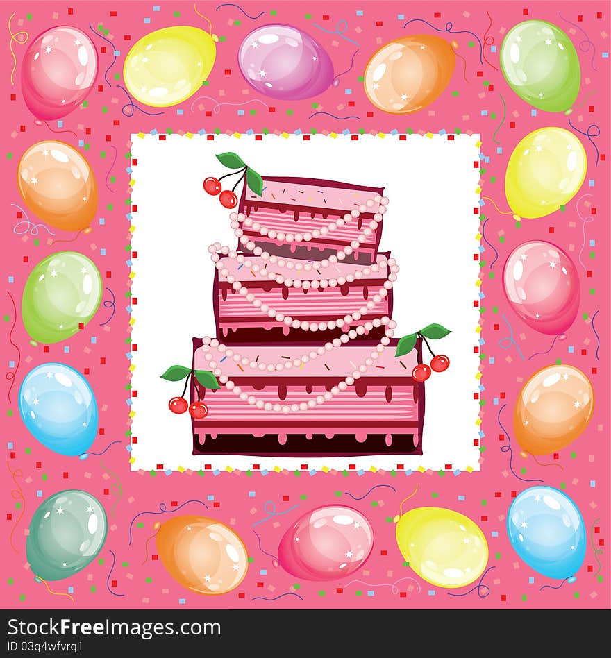 Square birthday card with cake and balloons. Square birthday card with cake and balloons