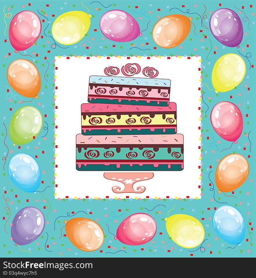 Square birthday card with cake and balloons. Square birthday card with cake and balloons