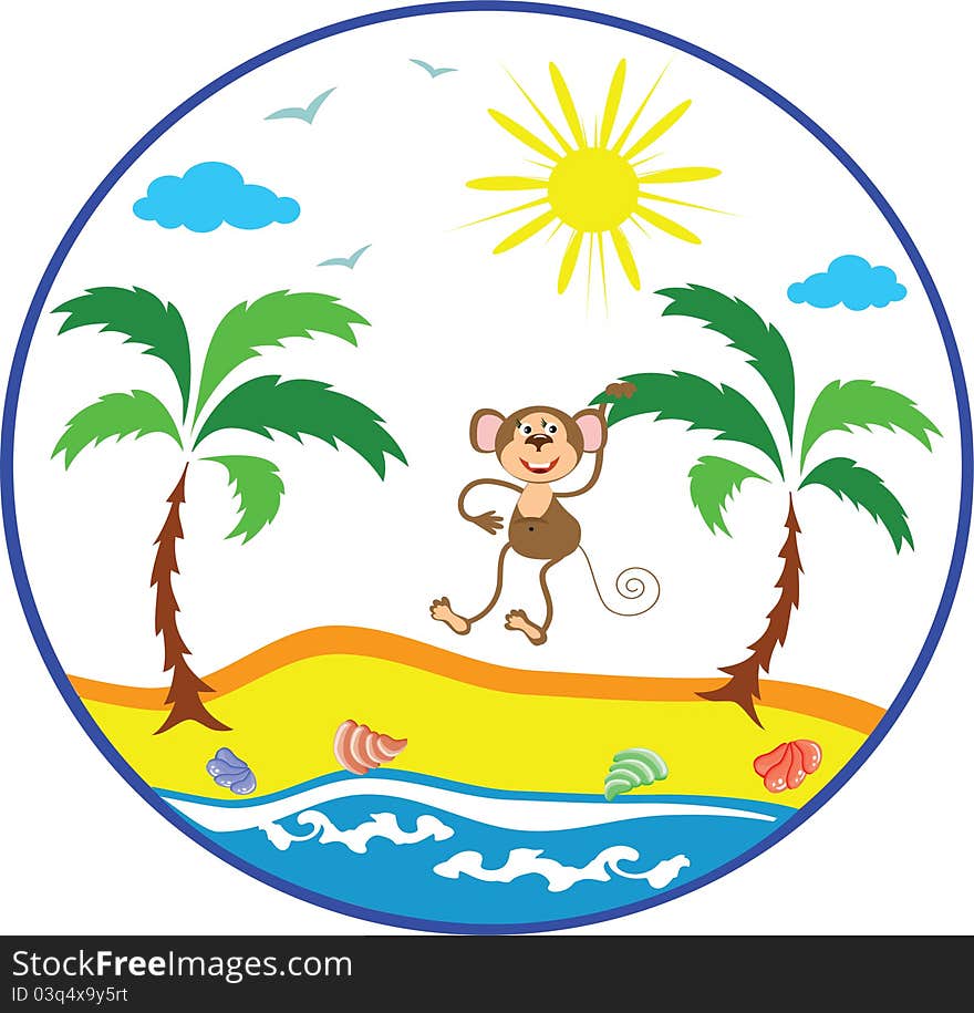 Summer icon with monkey at the palm tree