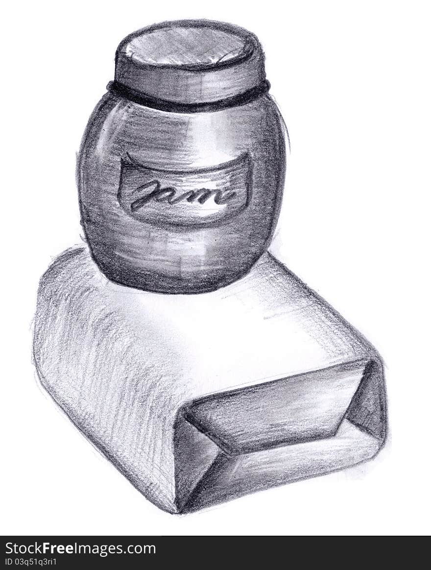 A hand drawn sketch of breakfast items (jar of jam and a stick butter). A hand drawn sketch of breakfast items (jar of jam and a stick butter)