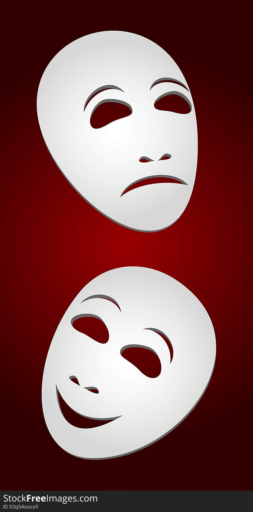 Two white theatrical masks on a red background. Masks represent tragedy and a comedy. Two white theatrical masks on a red background. Masks represent tragedy and a comedy.