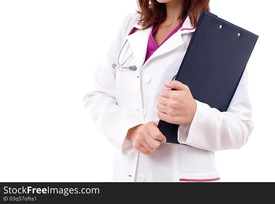 Side view close up of a young doctor woman holding a clipboard- isolated