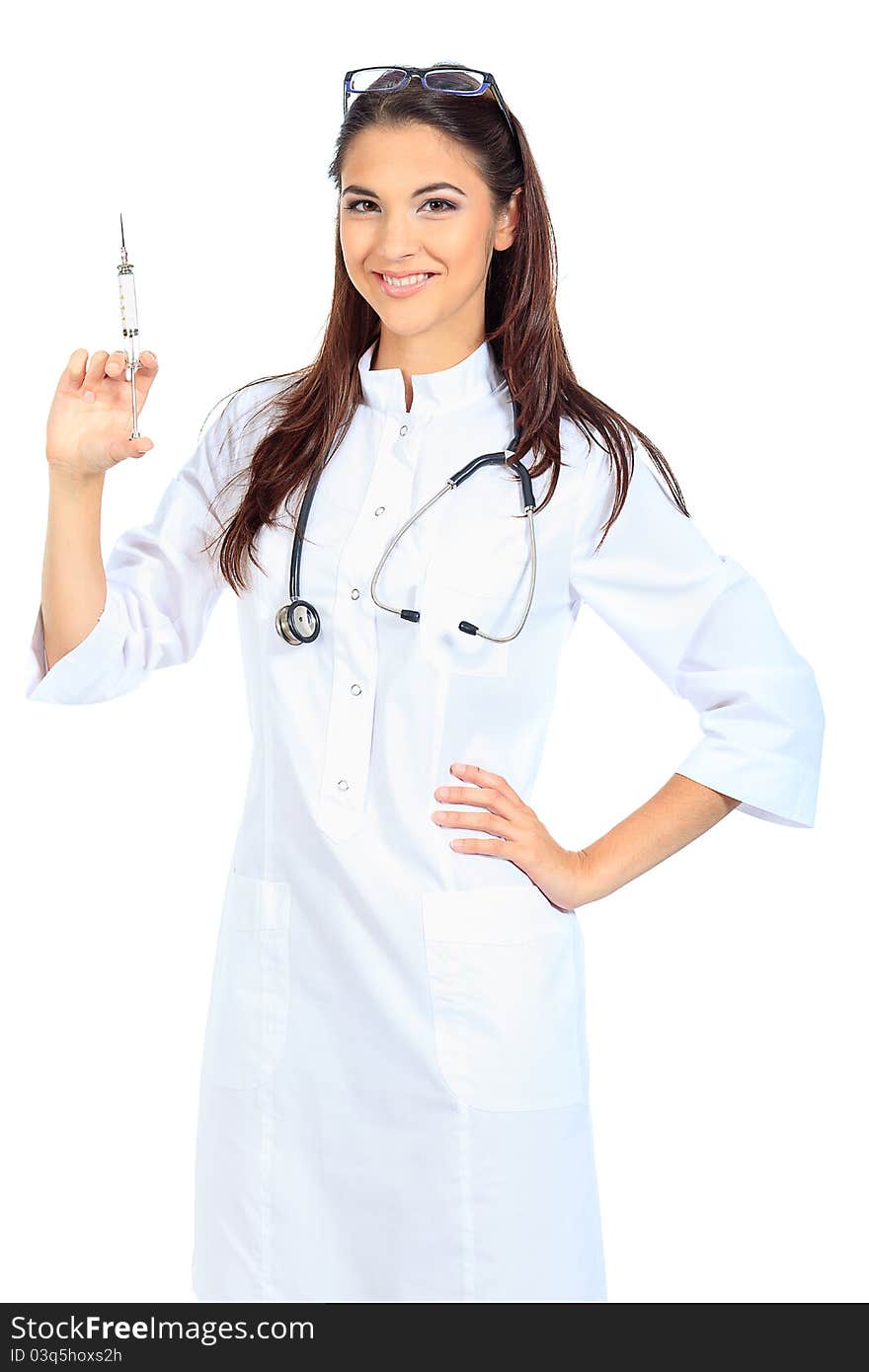 Portrait of a beautiful woman doctor. Isolated over white background. Portrait of a beautiful woman doctor. Isolated over white background.