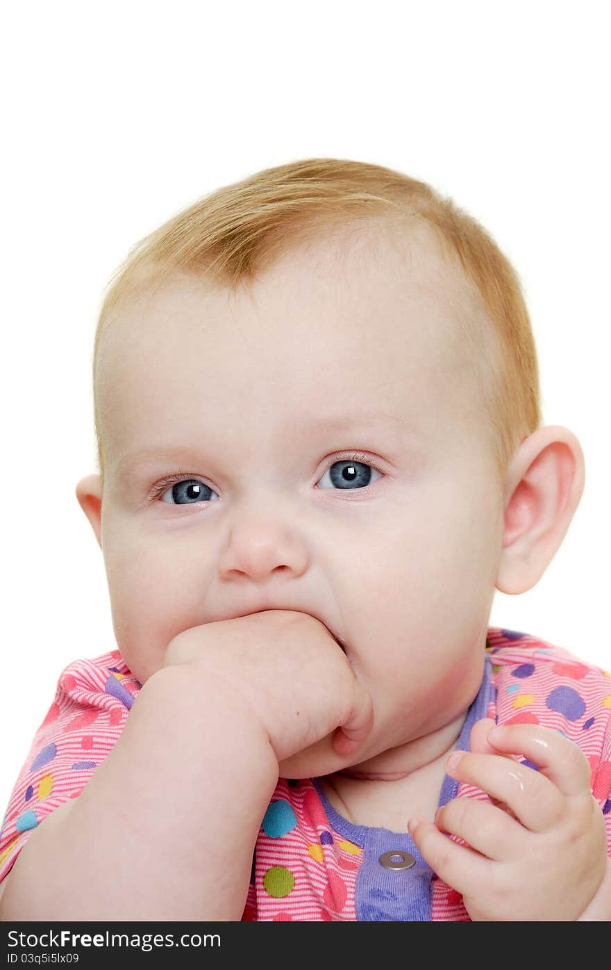 A sweet happy baby 3 month young.Taken on a white background.