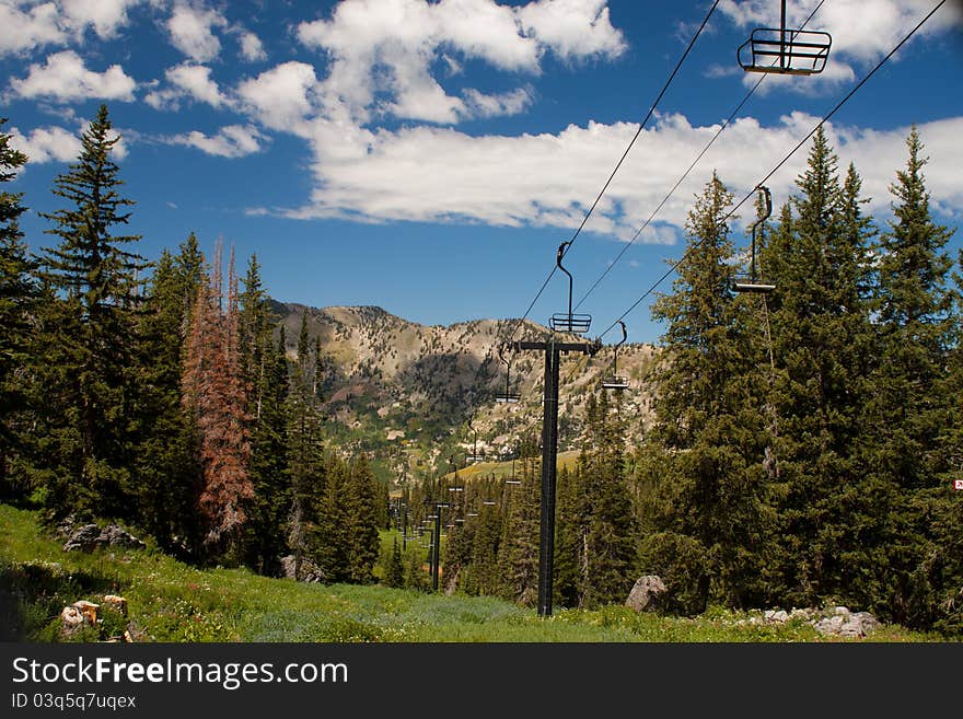 Image of a ski lift during the summertime. Image of a ski lift during the summertime