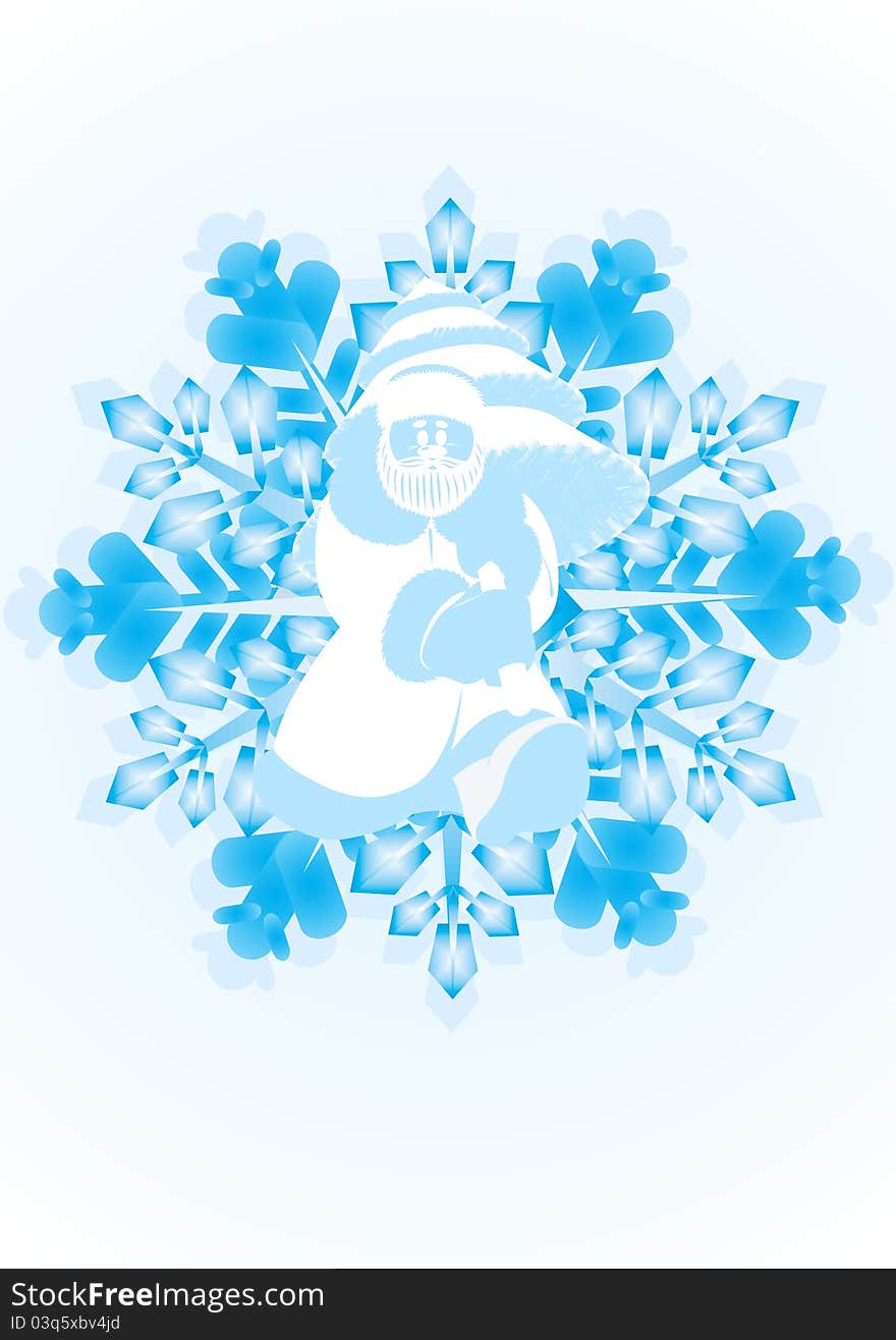 White outline of Santa Claus on a snowflake. The illustration on white background.