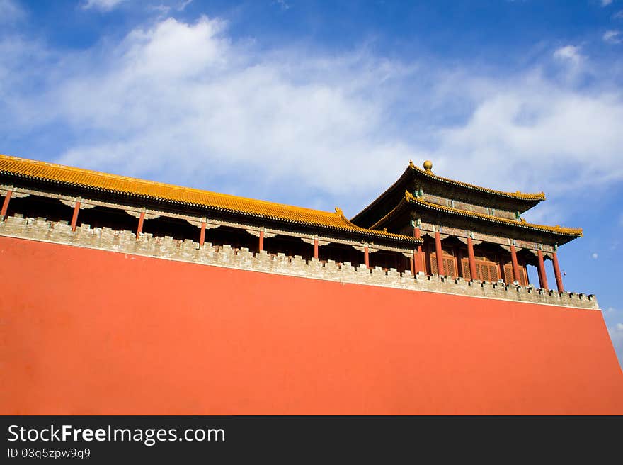 Ancient pavilion and red wall of Gate Wumen in For