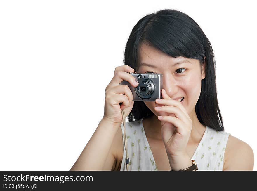 Woman with a digital camera, isolated on white. Woman with a digital camera, isolated on white