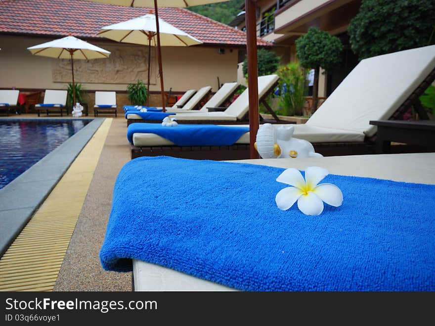 Set of pool chair with blue towel and white flower.