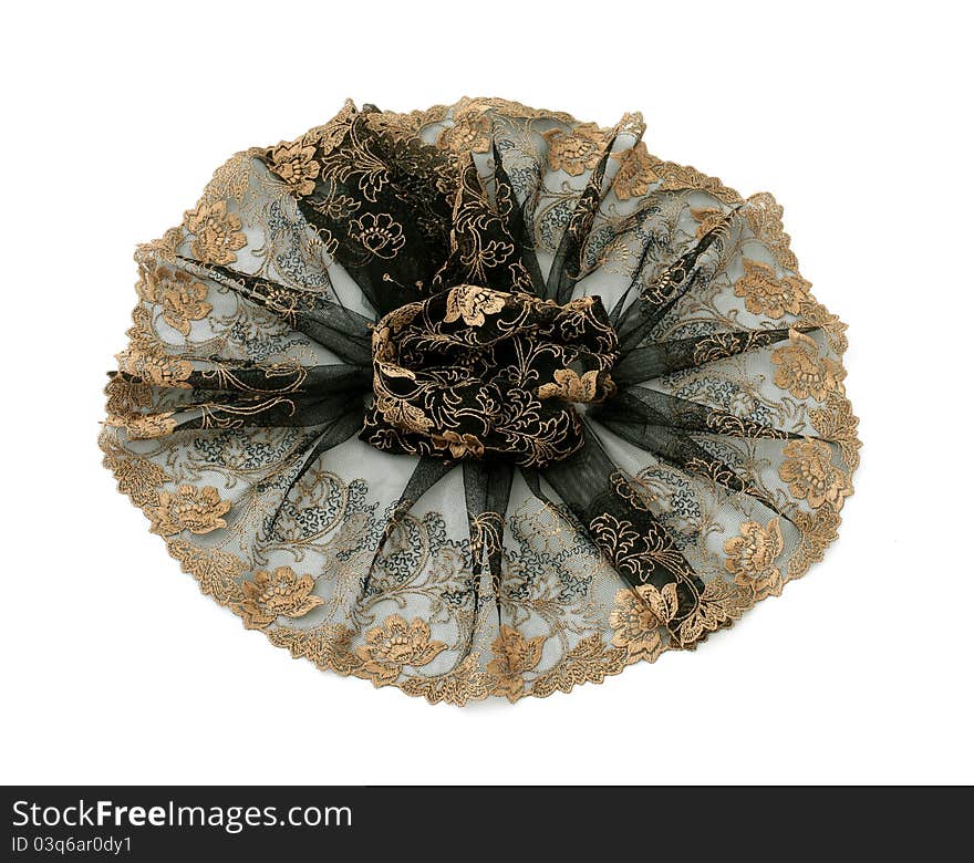 Black lace with gold floral ornament isolated on white background