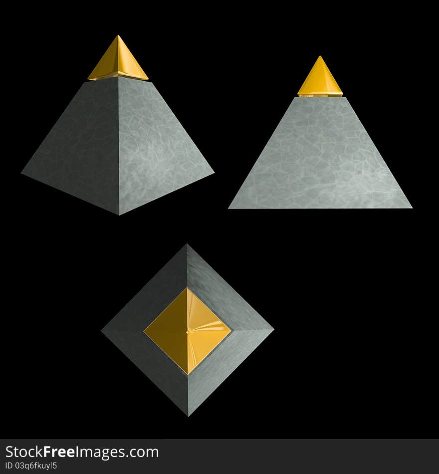 Three views (front, side, top) of an isolated gold-tipped pyramid on black background.