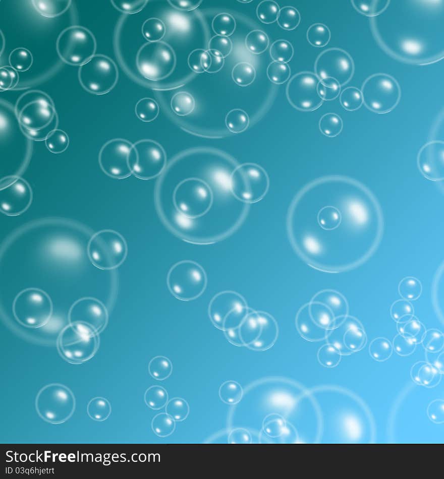 We see many bubbles different size on blue background