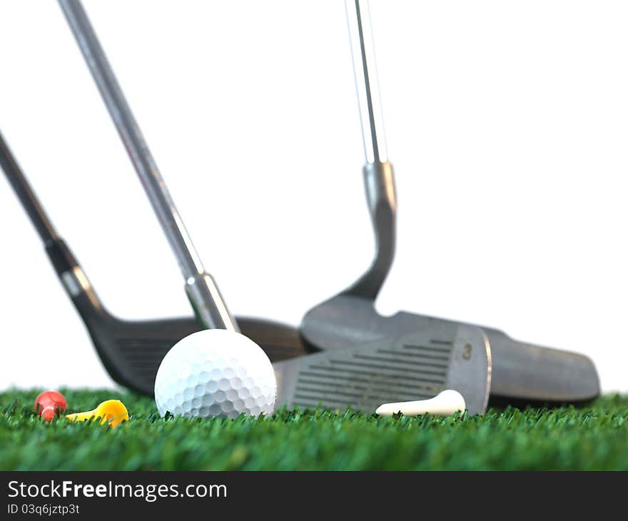 Golfing equipment on artficial grass outdoors