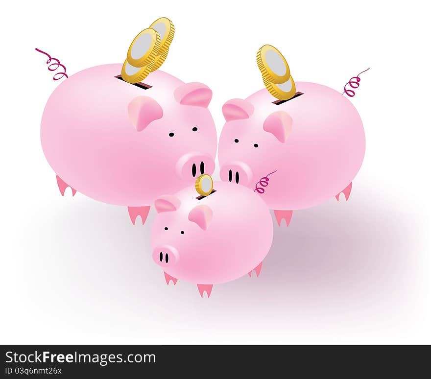 Piggy bank with coins on a white background.