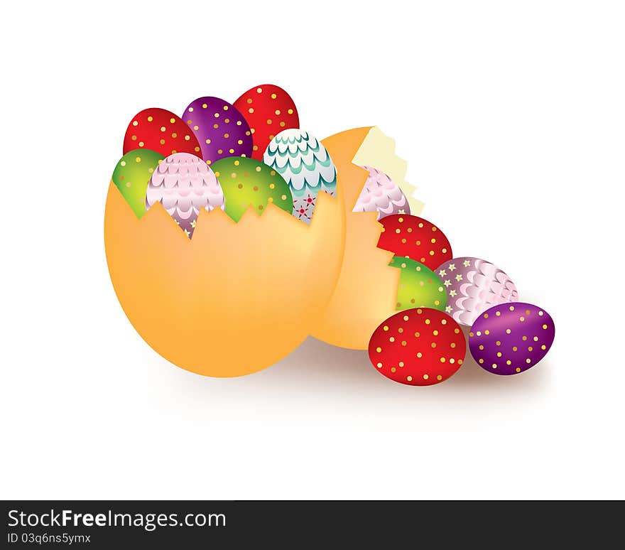 Colorful Easter eggs emerging from a cracked egg shell