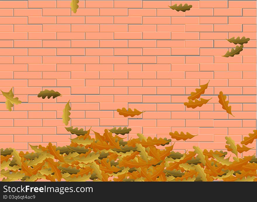 Oak leaves in front of a brick wall. Vector Illustration. Oak leaves in front of a brick wall. Vector Illustration