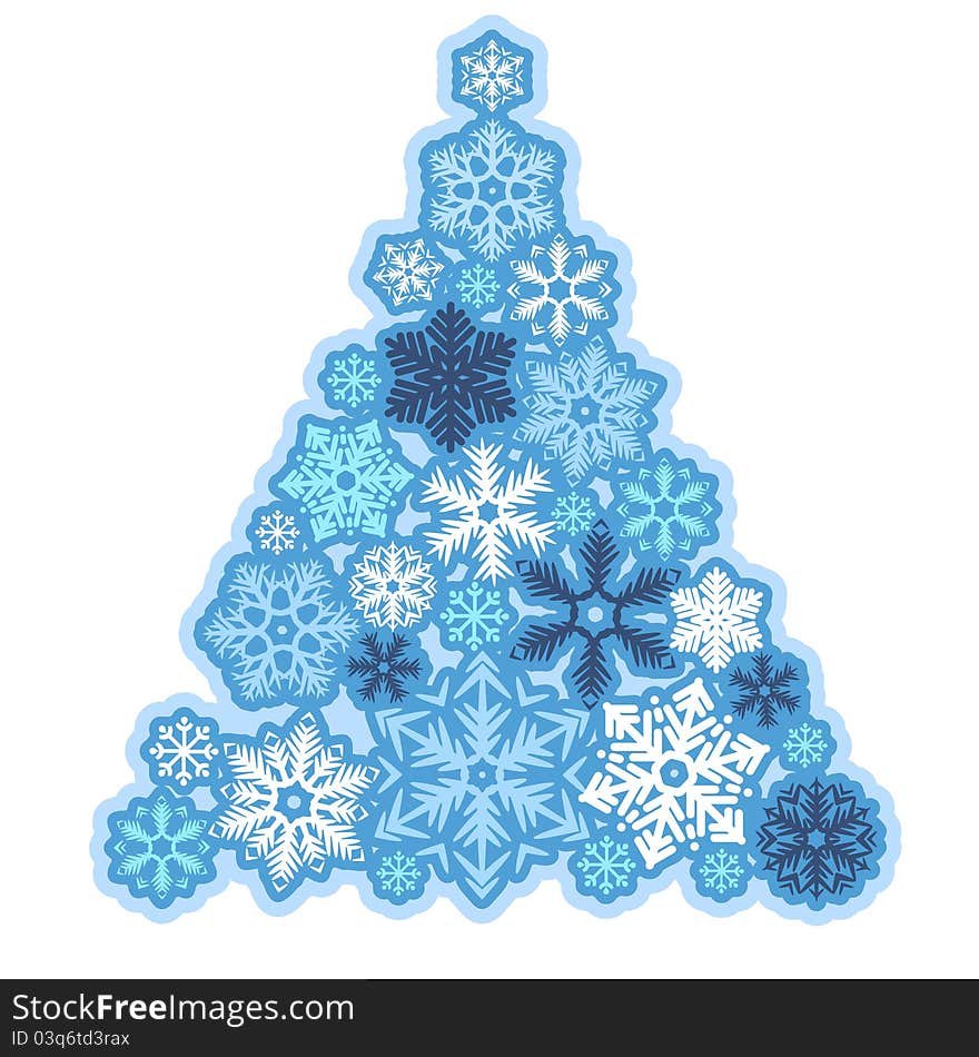 Stylized Christmas tree made of various snowflakes. Stylized Christmas tree made of various snowflakes