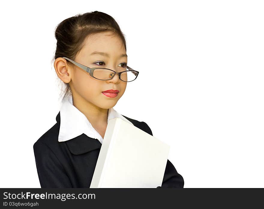 Portrait of a young teacher wearing glasses and holding books back to School on white background