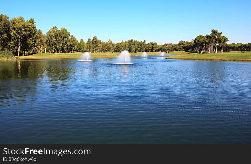 Fountain in the artificial pond.