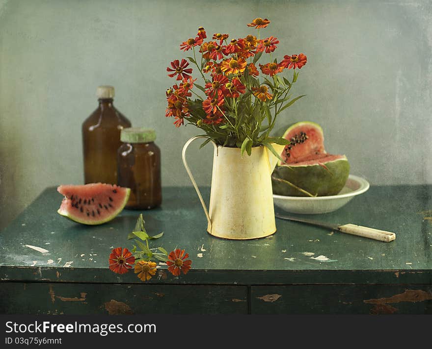 Flowers, Water-melon And Jars