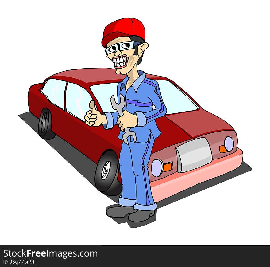 The mechanic in blue uniform standing in front of red city car. The mechanic in blue uniform standing in front of red city car