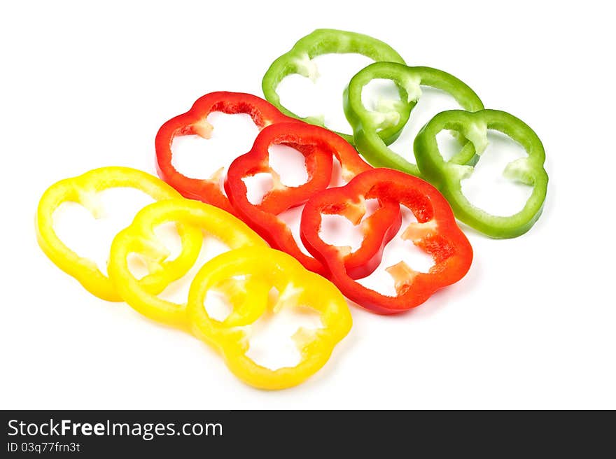 Slice Bell Pepper in a row with white background. Slice Bell Pepper in a row with white background