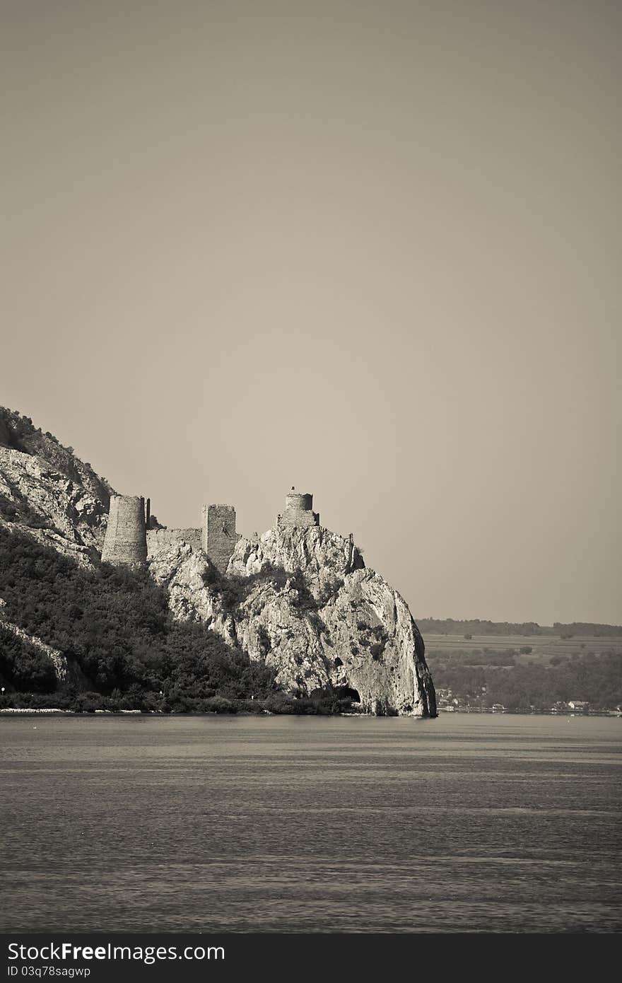 Golubac fortress in Serbia seen from the Romanian side of Danube river.