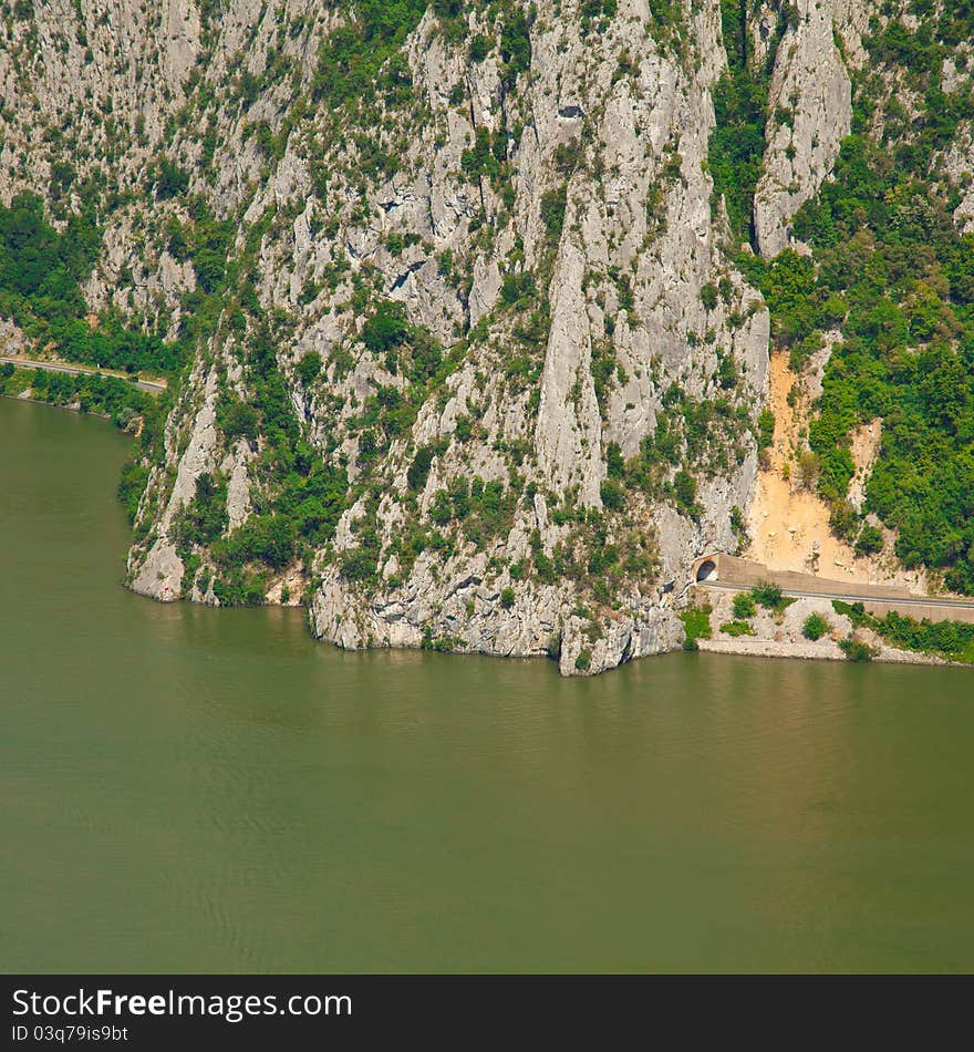 Landscape in the Danube Gorges Cazanele Mari seen from the Romanian side.